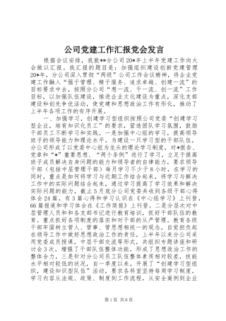 公司党建工作汇报党会发言