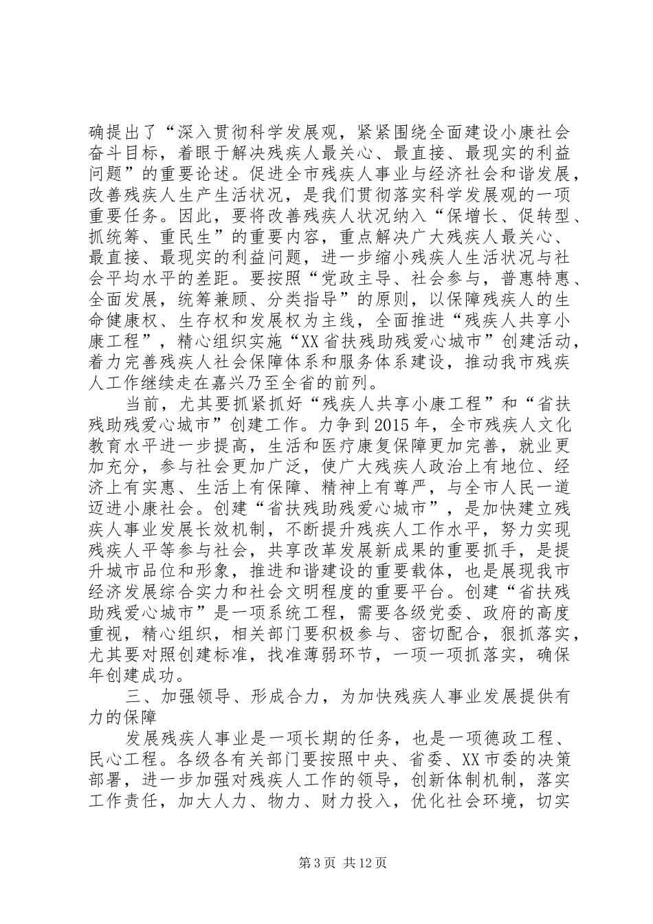残疾人事业发展动员会上的发言稿两篇_第3页