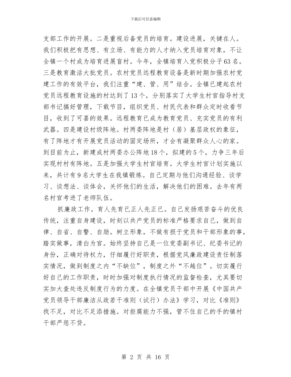 乡镇党委副书记工作总结与乡镇党委副书记纪检书记述职述廉报告汇编_第2页