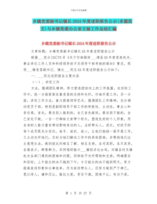 乡镇党委副书记镇长2024年度述职报告公示与乡镇党委办公室文秘工作总结汇编