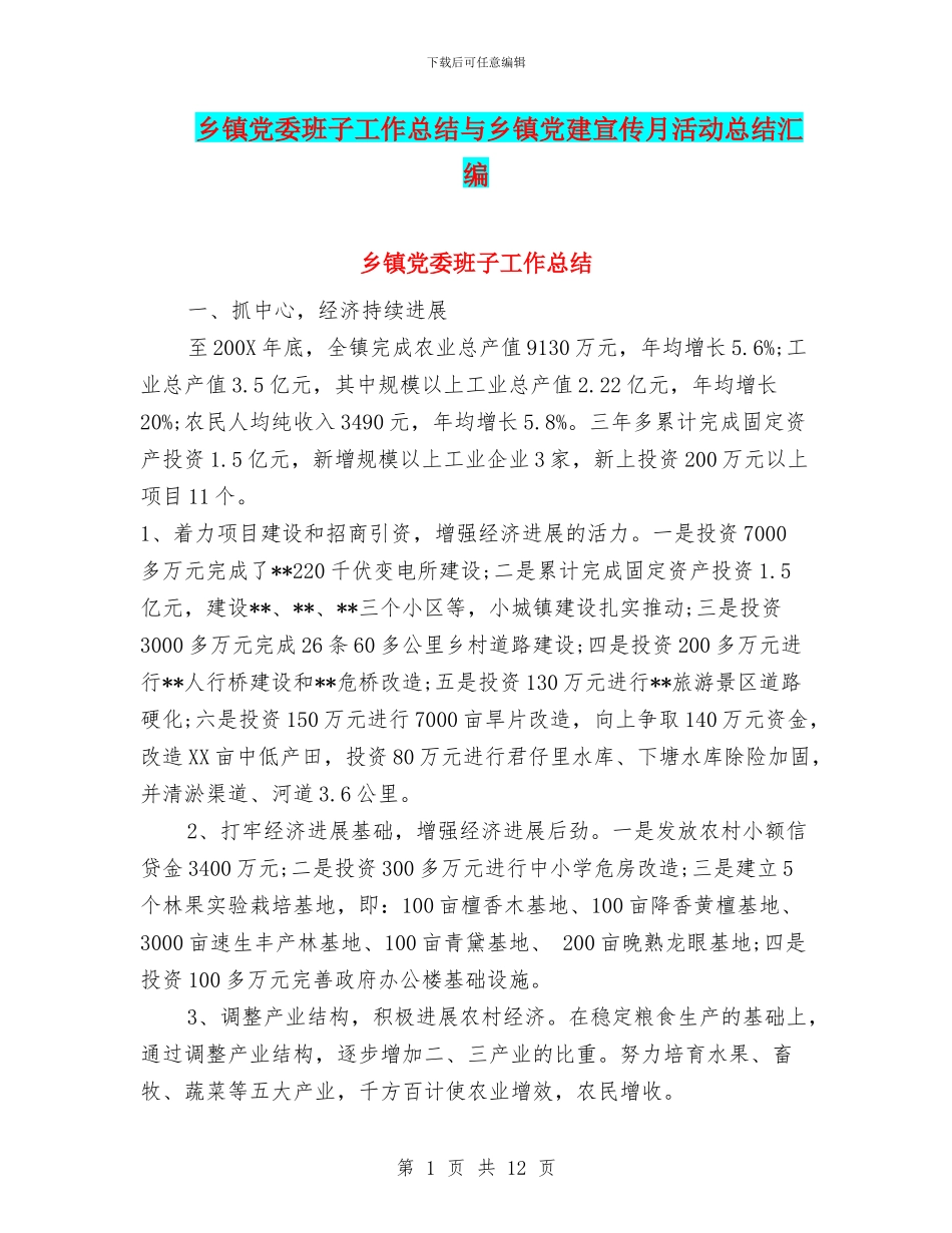 乡镇党委班子工作总结与乡镇党建宣传月活动总结汇编_第1页