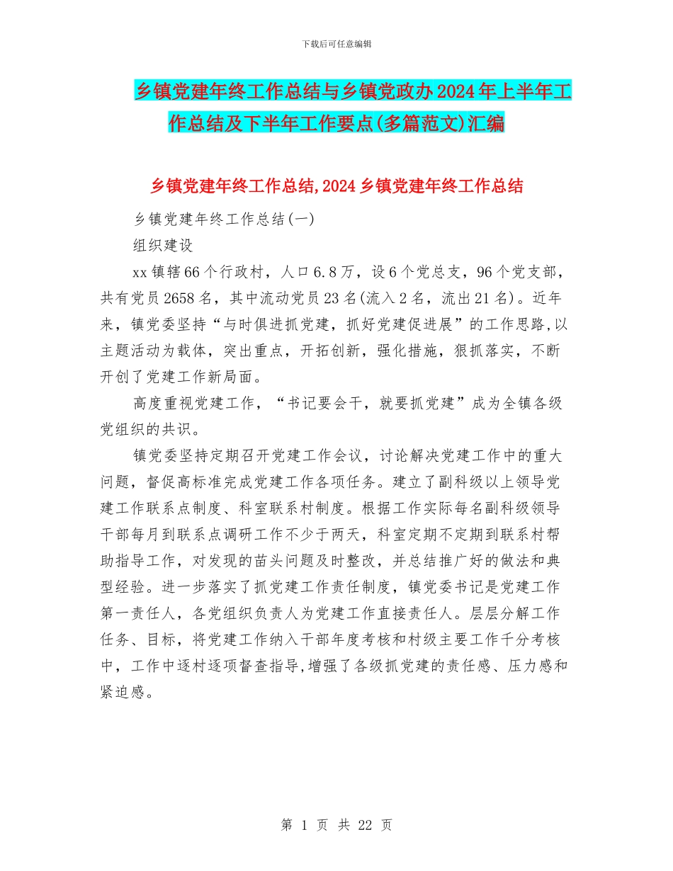 乡镇党建年终工作总结与乡镇党政办2024年上半年工作总结及下半年工作要点汇编_第1页