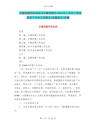 乡镇党建年终总结与乡镇党政办2024年上半年工作总结及下半年工作要点汇编