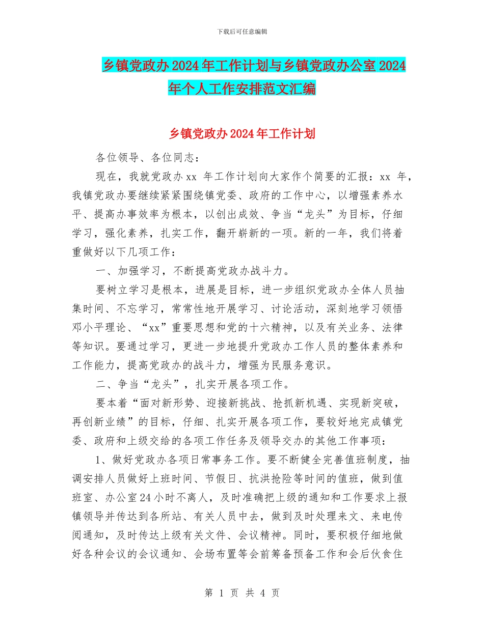 乡镇党政办2024年工作计划与乡镇党政办公室2024年个人工作安排范文汇编_第1页