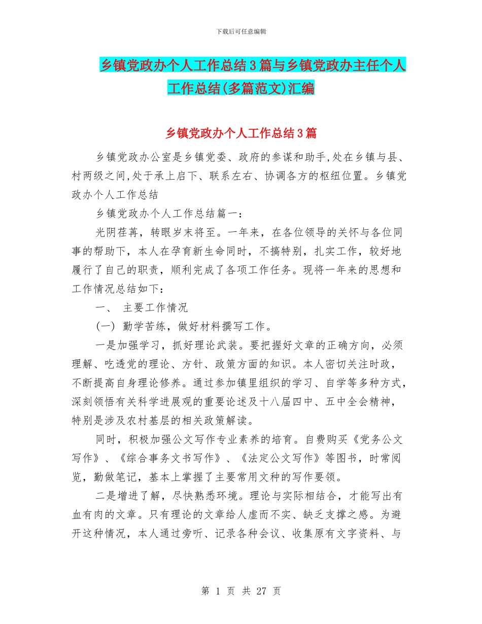 乡镇党政办个人工作总结3篇与乡镇党政办主任个人工作总结汇编_第1页