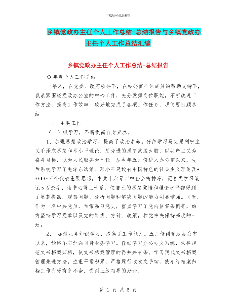 乡镇党政办主任个人工作总结_第1页