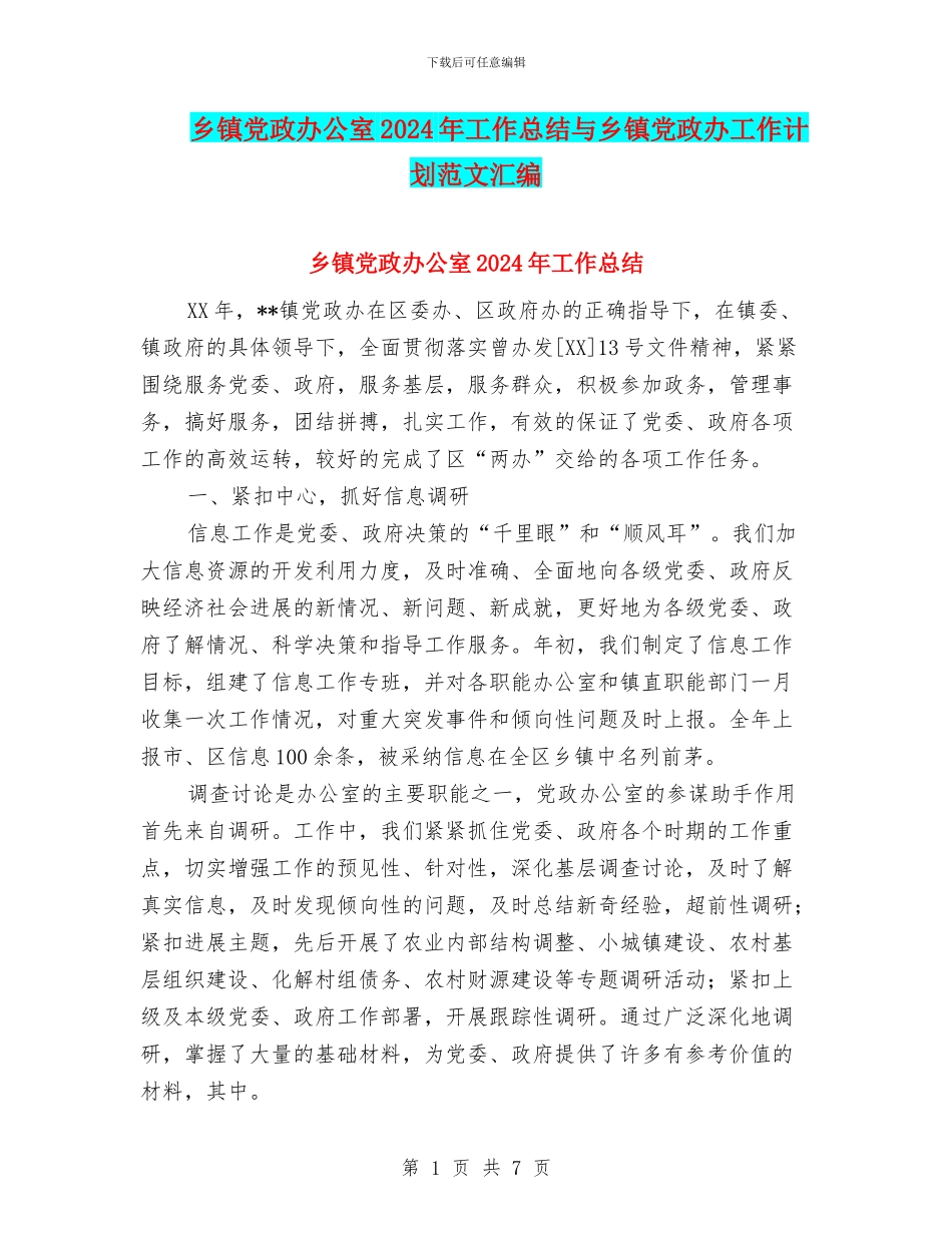 乡镇党政办公室2024年工作总结与乡镇党政办工作计划范文汇编_第1页