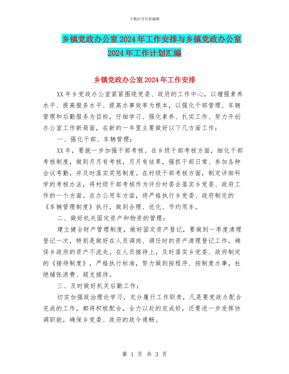 乡镇党政办公室2024年工作安排与乡镇党政办公室2024年工作计划汇编_第1页