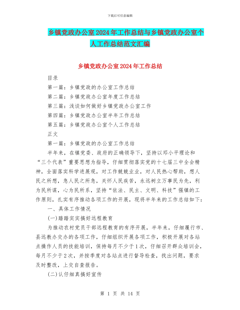 乡镇党政办公室2024年工作总结与乡镇党政办公室个人工作总结范文汇编_第1页