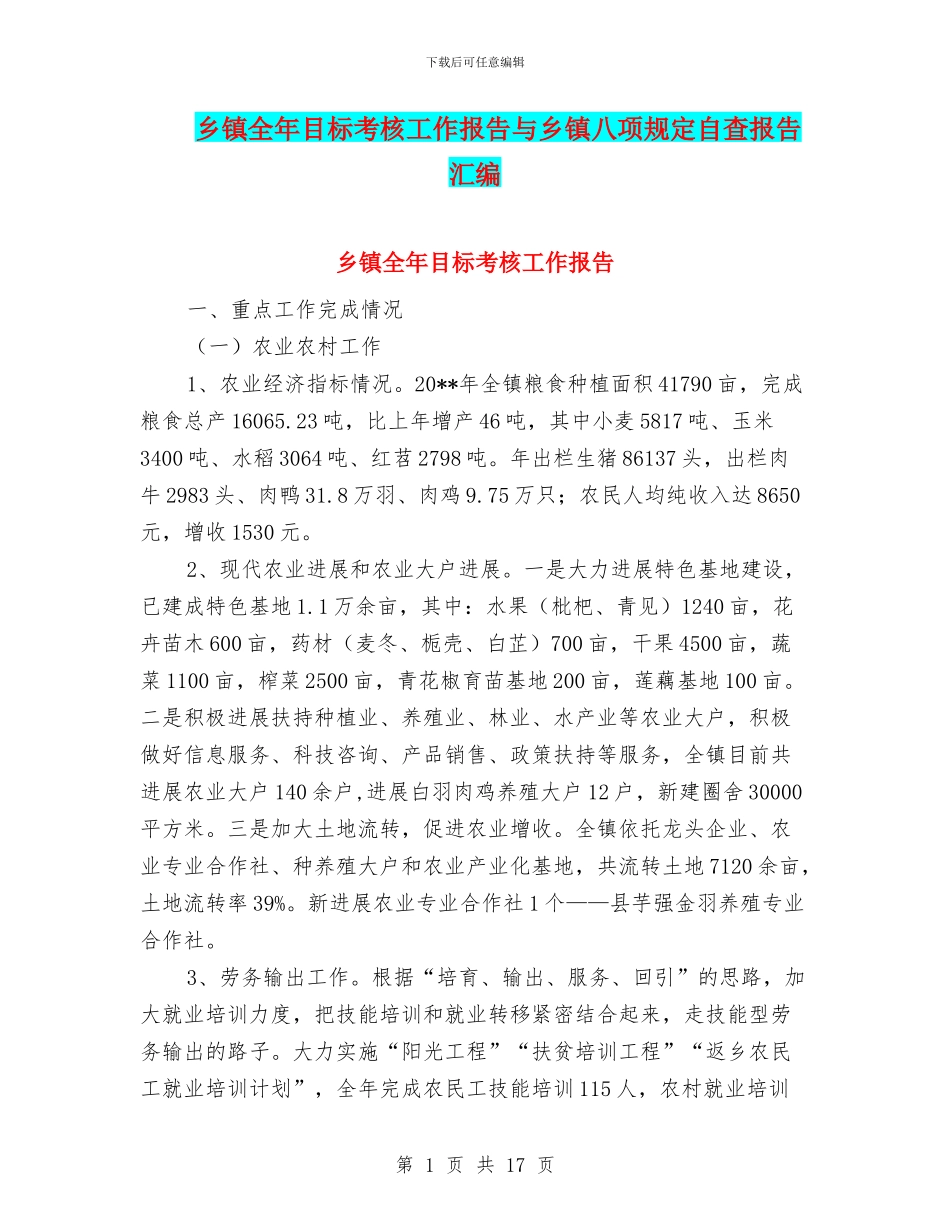 乡镇全年目标考核工作报告与乡镇八项规定自查报告汇编_第1页
