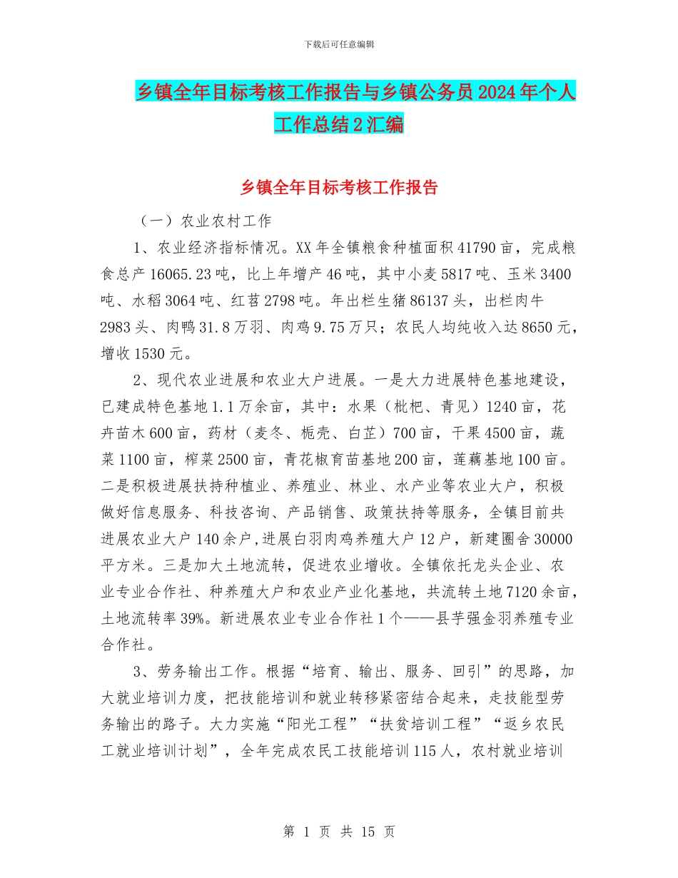 乡镇全年目标考核工作报告与乡镇公务员2024年个人工作总结2汇编_第1页