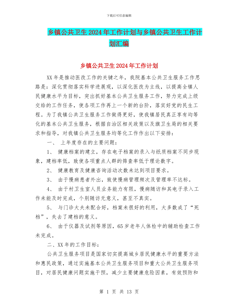 乡镇公共卫生2024年工作计划与乡镇公共卫生工作计划汇编_第1页