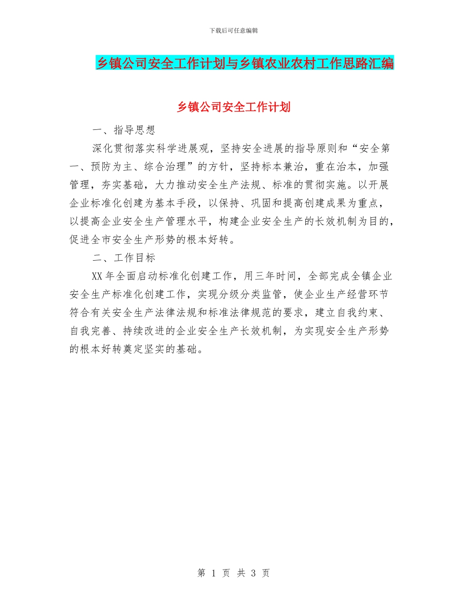 乡镇公司安全工作计划与乡镇农业农村工作思路汇编_第1页