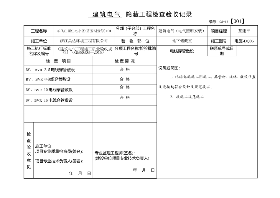 电线穿管敷设隐蔽工程检查验收记录10#楼_第1页