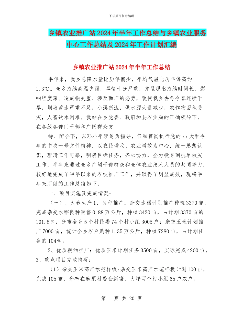 乡镇农业推广站2024年半年工作总结与乡镇农业服务中心工作总结及2024年工作计划汇编_第1页