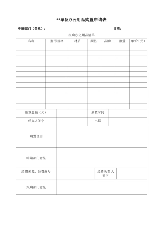 单位办公用品购置申请表