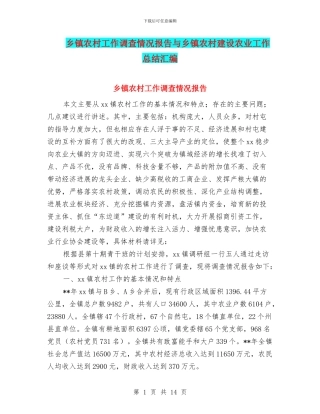 乡镇农村工作调查情况报告与乡镇农村建设农业工作总结汇编