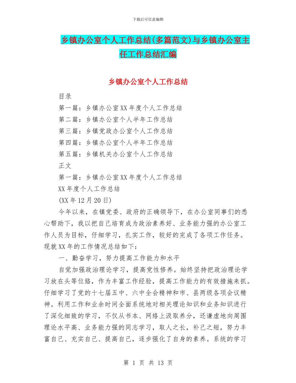 乡镇办公室个人工作总结与乡镇办公室主任工作总结汇编_第1页