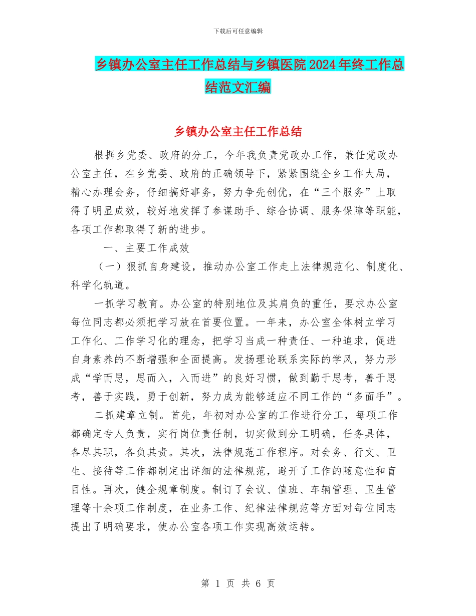 乡镇办公室主任工作总结与乡镇医院2024年终工作总结范文汇编_第1页