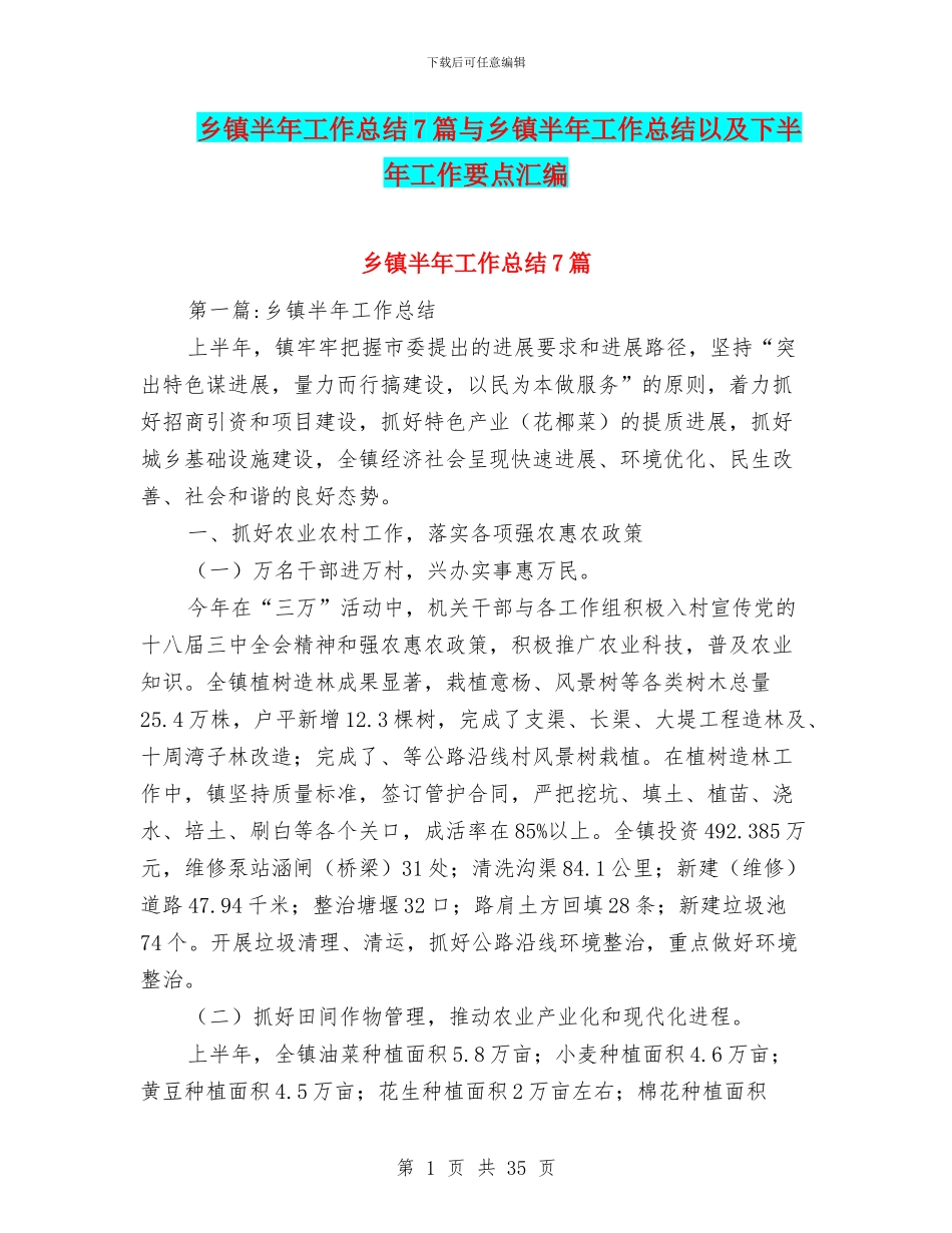 乡镇半年工作总结7篇与乡镇半年工作总结以及下半年工作要点汇编_第1页