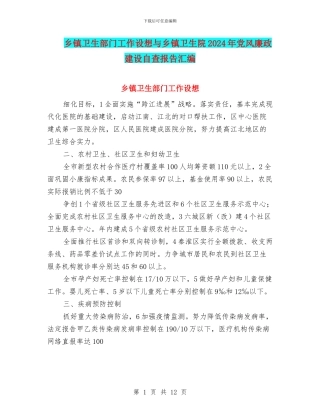 乡镇卫生部门工作设想与乡镇卫生院2024年党风廉政建设自查报告汇编