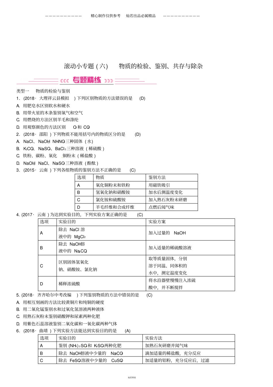 中考化学总复习滚动小专题六物质的检验鉴别共存与除杂习题6_第1页
