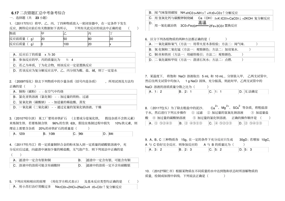 中考化学易错题汇总一_第1页