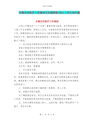 乡镇合作医疗工作规划与乡镇团委2024工作计划汇编