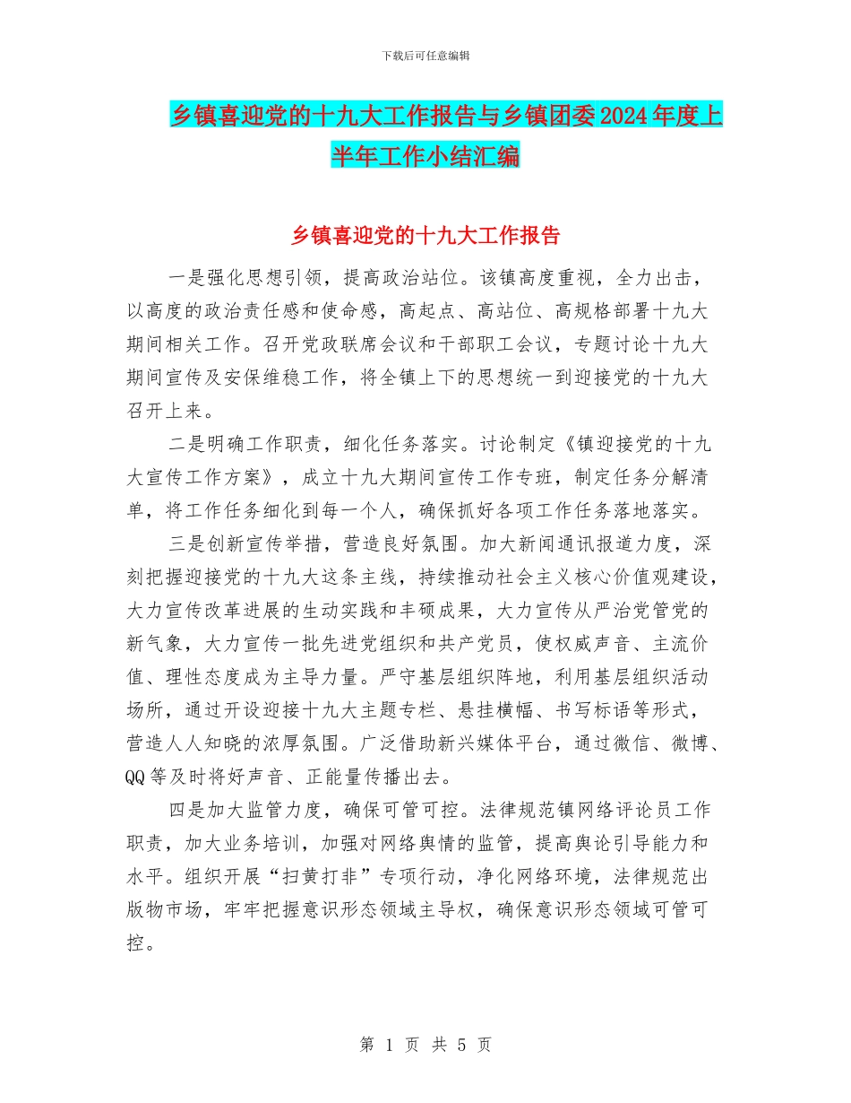 乡镇喜迎党的十九大工作报告与乡镇团委2024年度上半年工作小结汇编_第1页