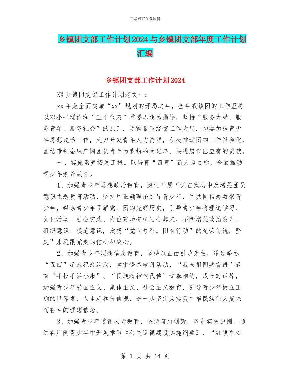 乡镇团支部工作计划2024与乡镇团支部年度工作计划汇编_第1页