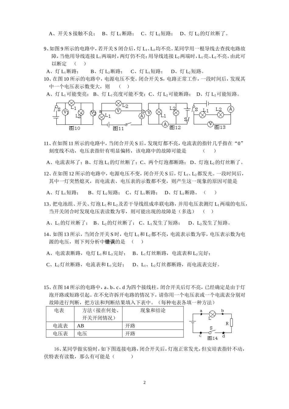 初三物理电路故障的练习题 2_第2页