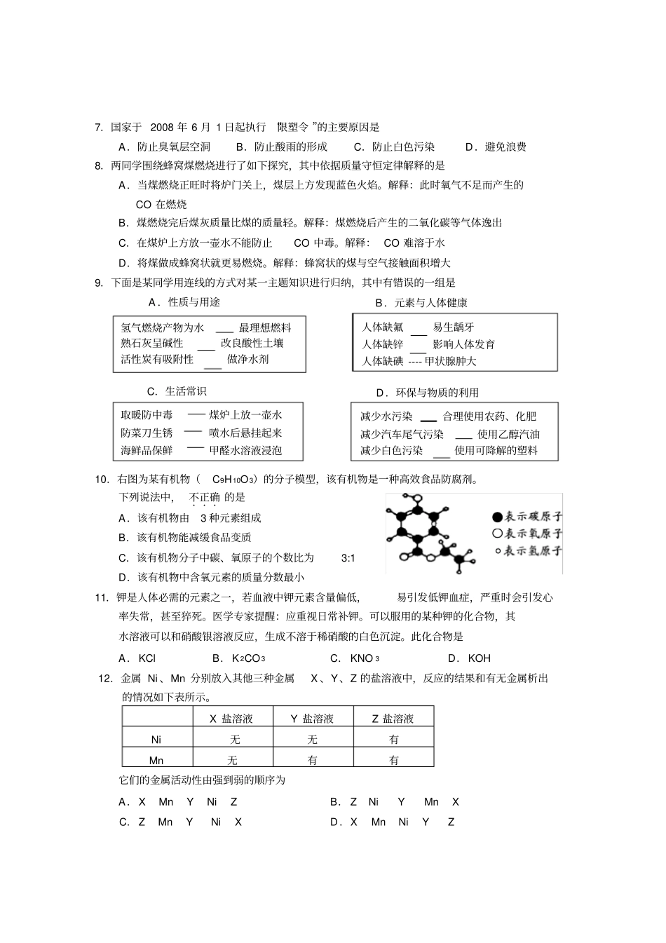 中考化学综合测试题一_第2页