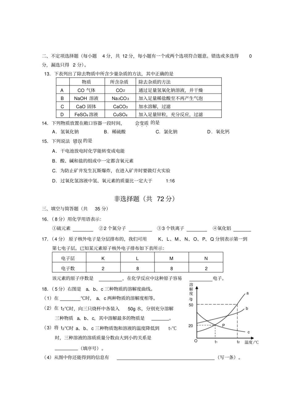 中考化学综合测试题一_第3页