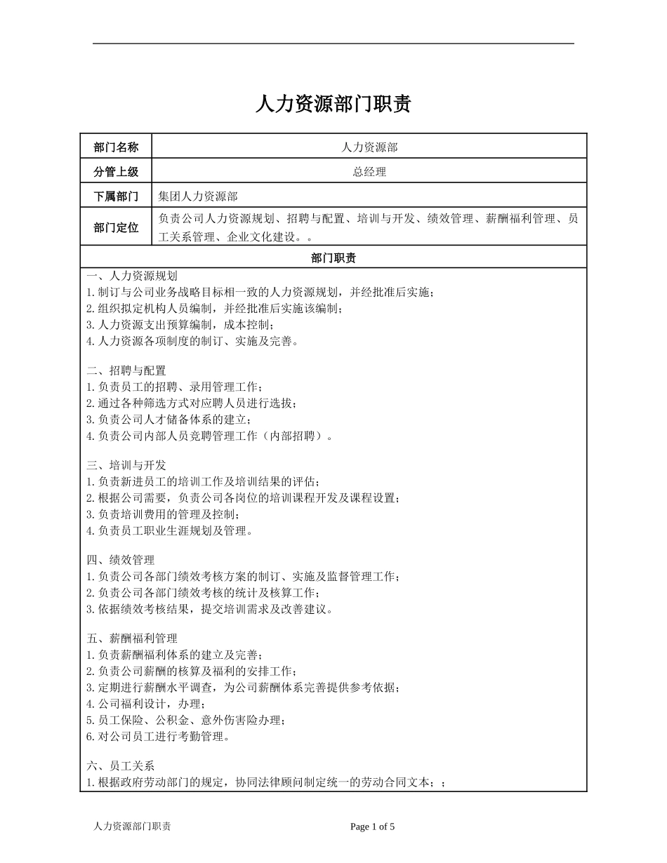 部门及岗位职责(人力资源部)_第1页