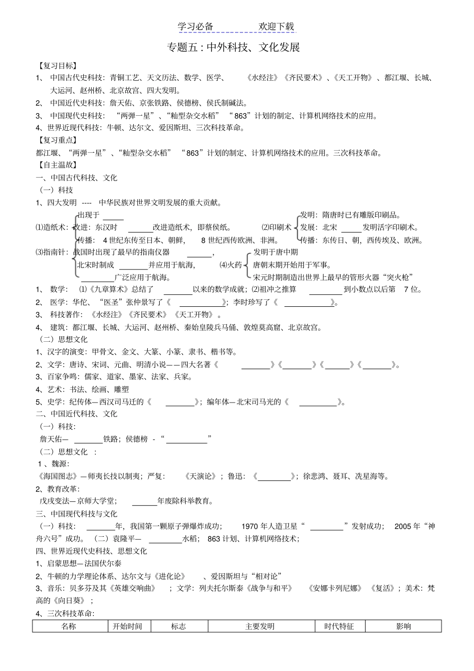 中考历史专题复习五中外科技文化发展人教新课标版_第1页