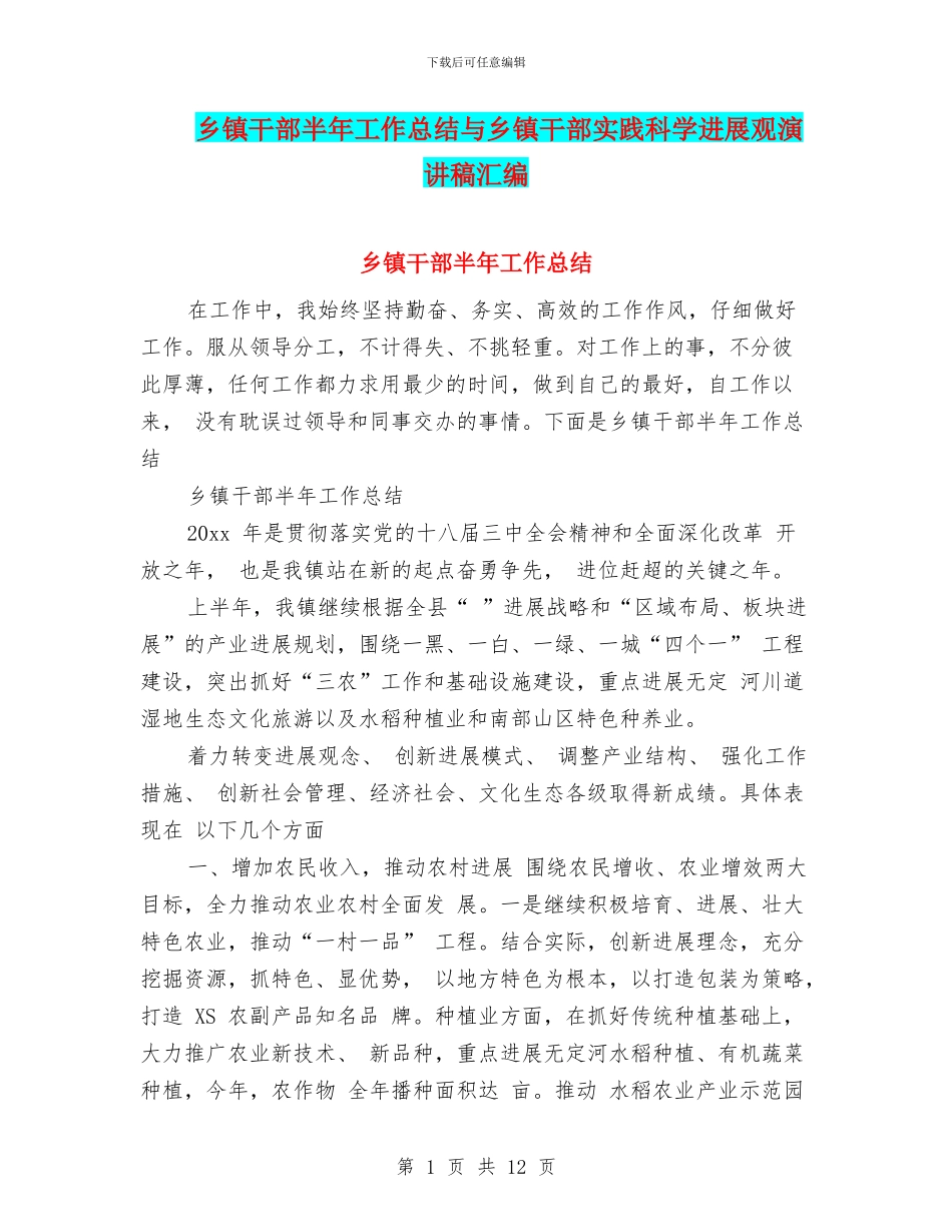 乡镇干部半年工作总结与乡镇干部实践科学发展观演讲稿汇编_第1页