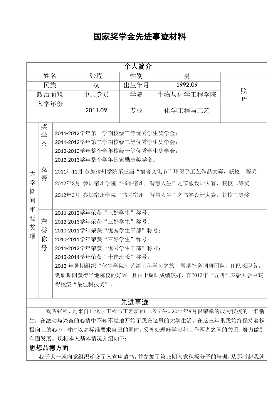 大学生申请国家励志奖学金先进事迹书写模版_第1页