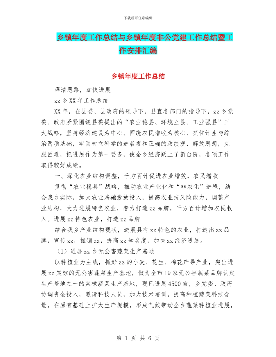 乡镇年度工作总结与乡镇年度非公党建工作总结暨工作安排汇编_第1页