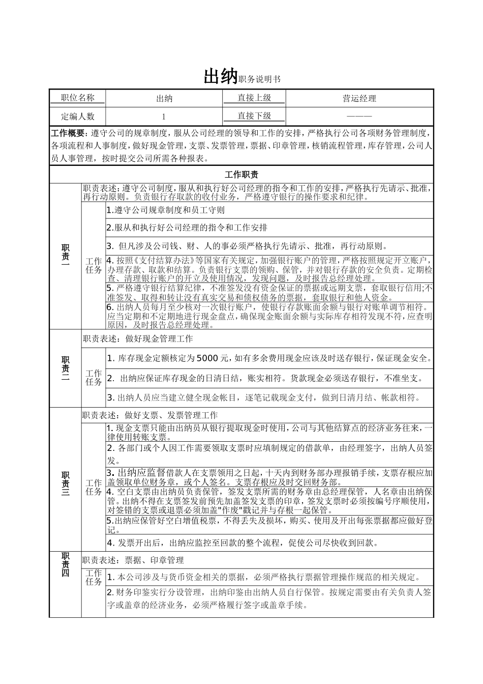 出纳岗位说明书_第1页