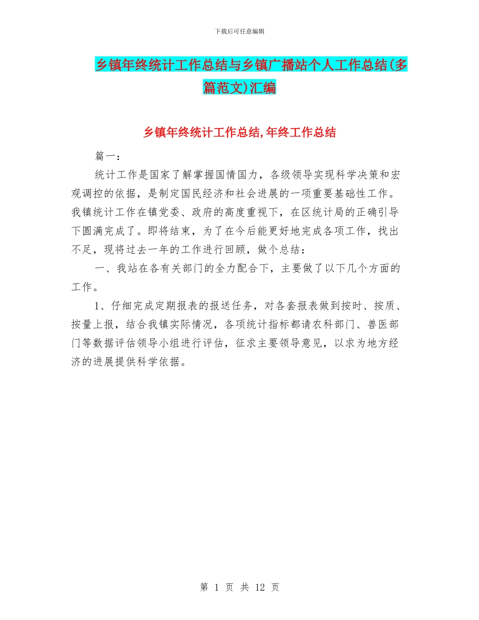 乡镇年终统计工作总结与乡镇广播站个人工作总结汇编_第1页