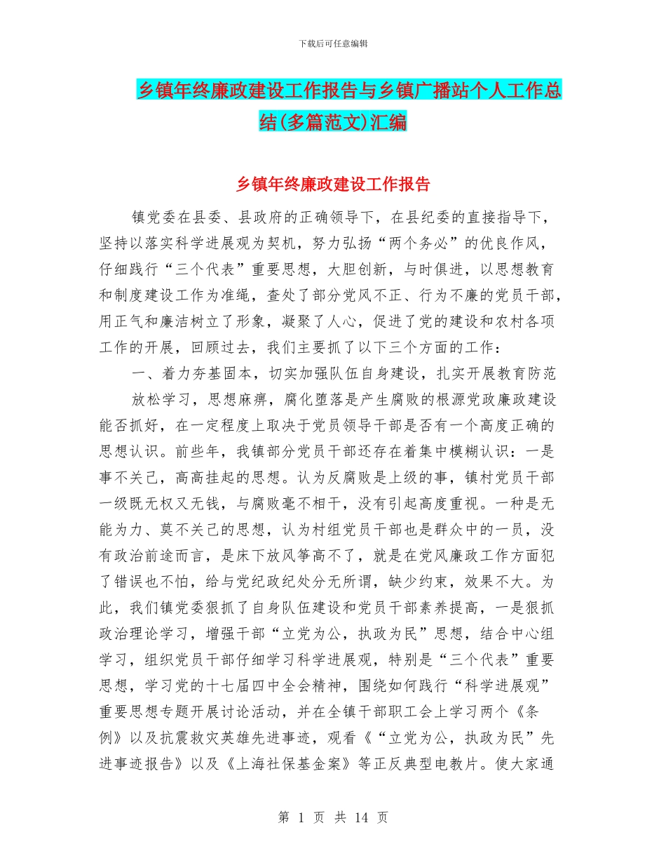 乡镇年终廉政建设工作报告与乡镇广播站个人工作总结汇编_第1页
