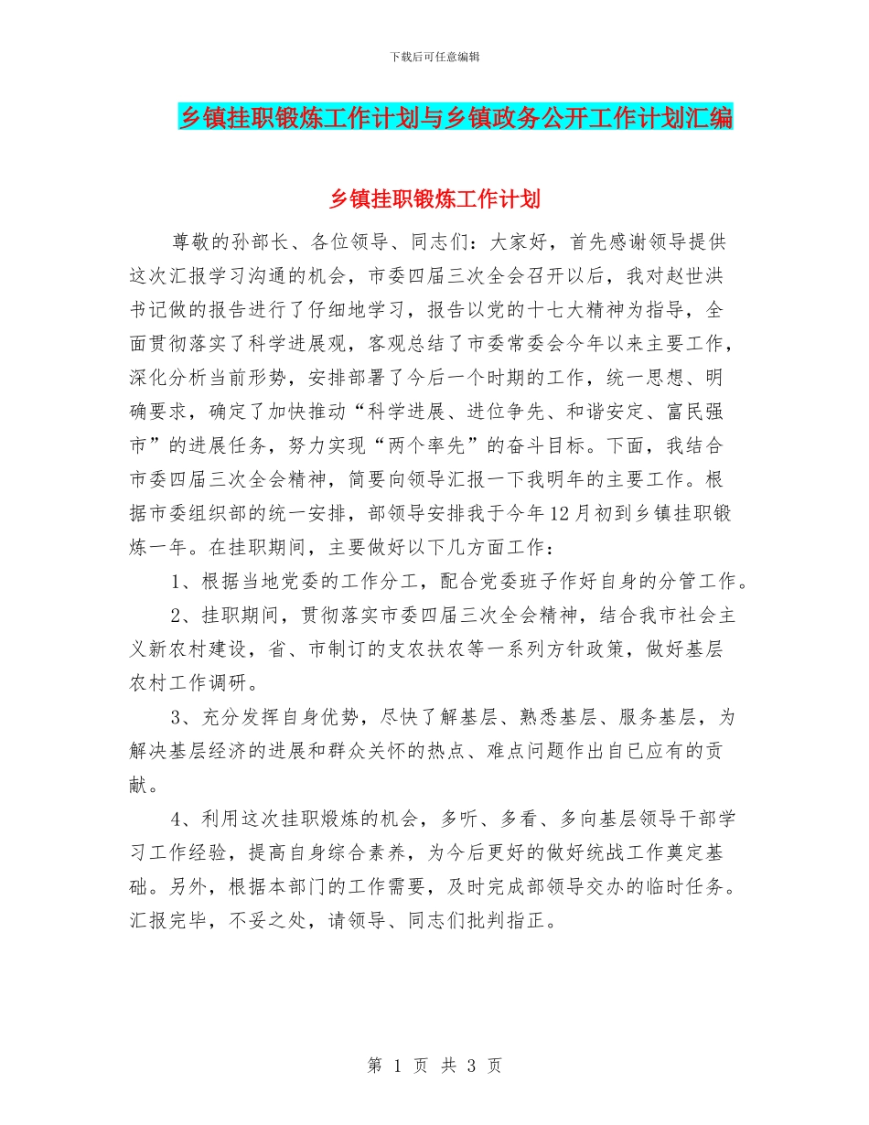 乡镇挂职锻炼工作计划与乡镇政务公开工作计划汇编_第1页