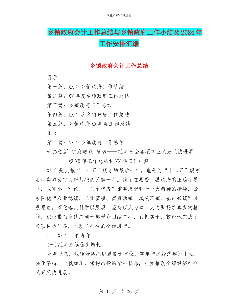 乡镇政府会计工作总结与乡镇政府工作小结及2024年工作安排汇编_第1页