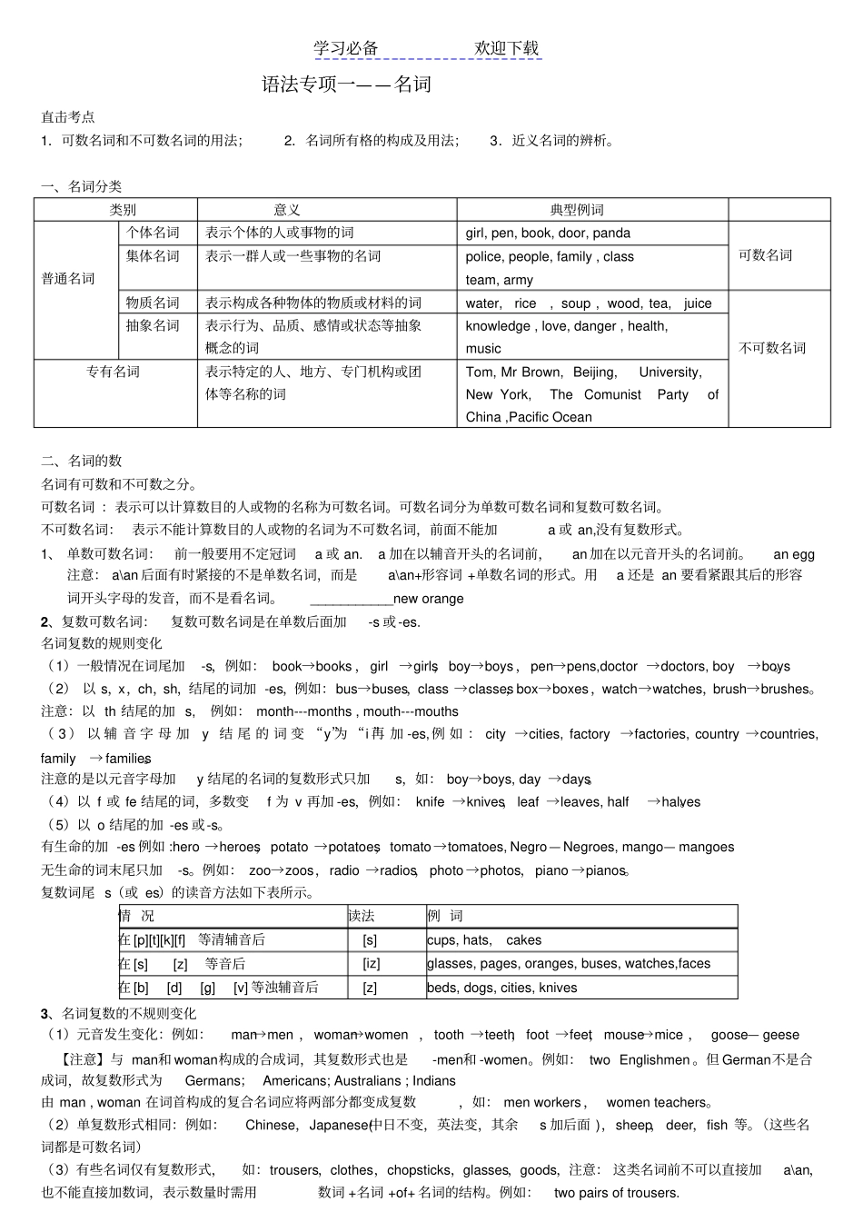 中考名词专项讲义习题_第1页