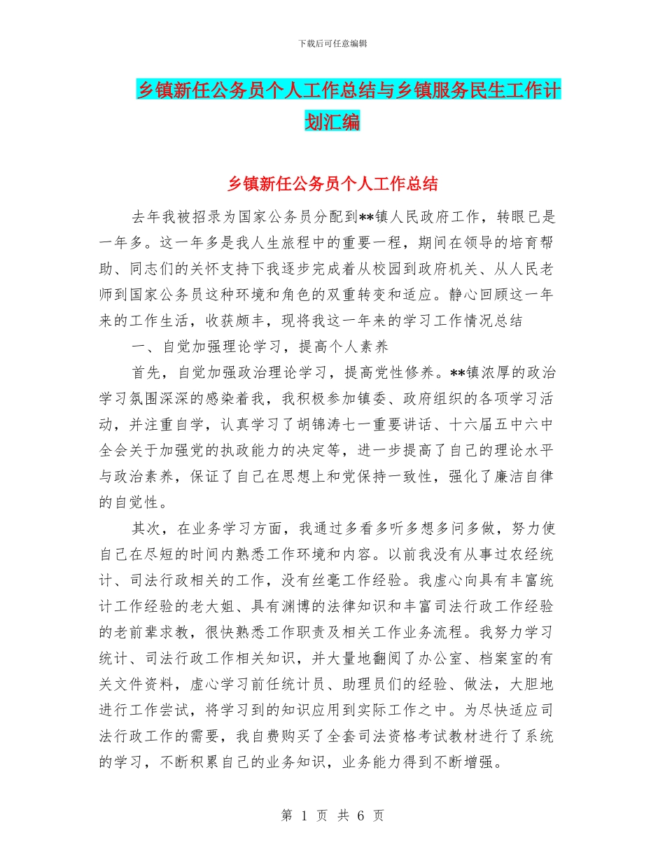 乡镇新任公务员个人工作总结与乡镇服务民生工作计划汇编_第1页