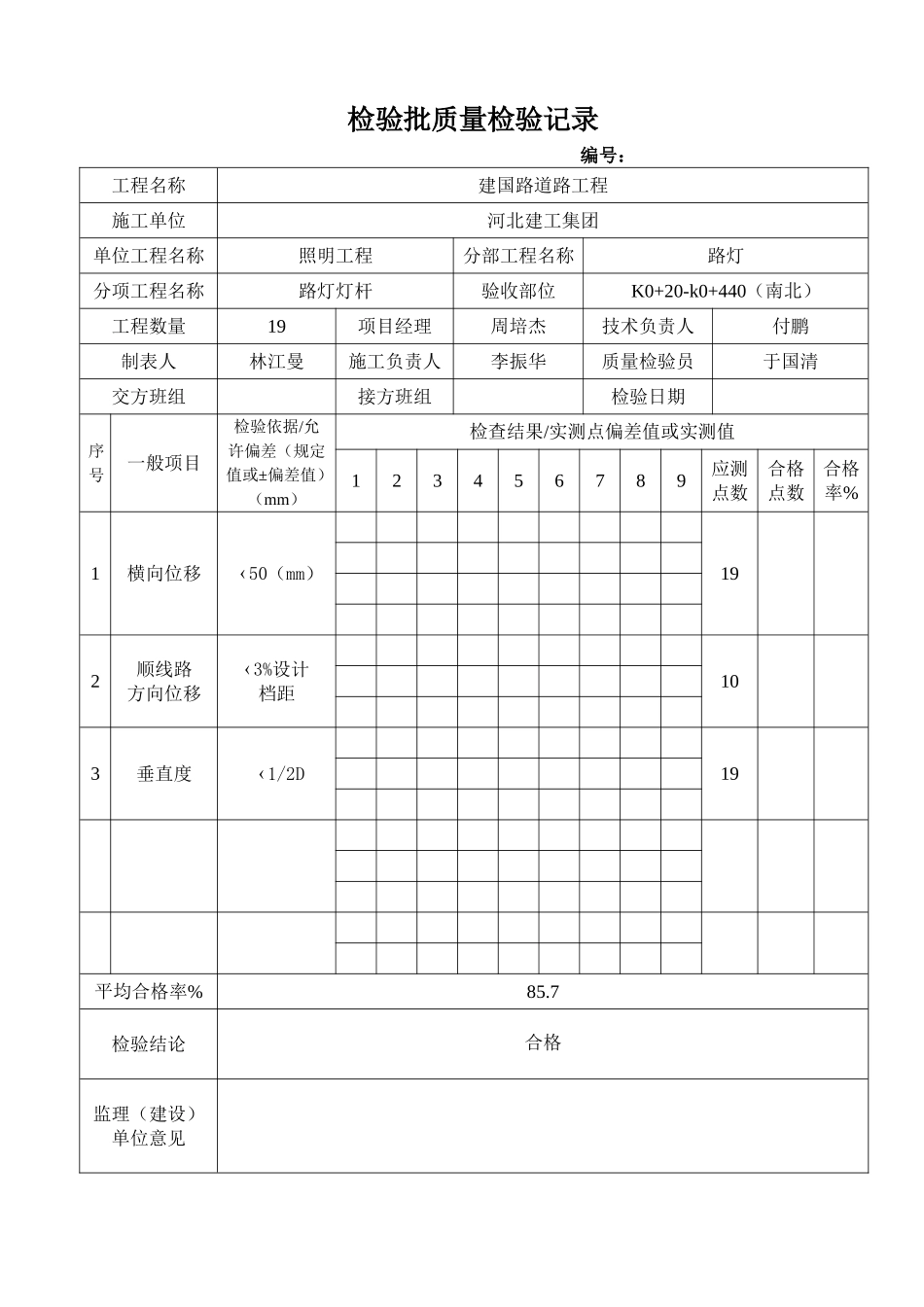 道路路灯灯杆安装检验批_第1页
