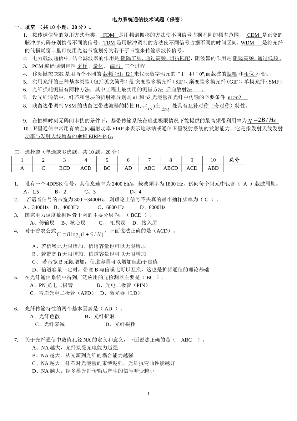 电力系统通信技术试题_第1页