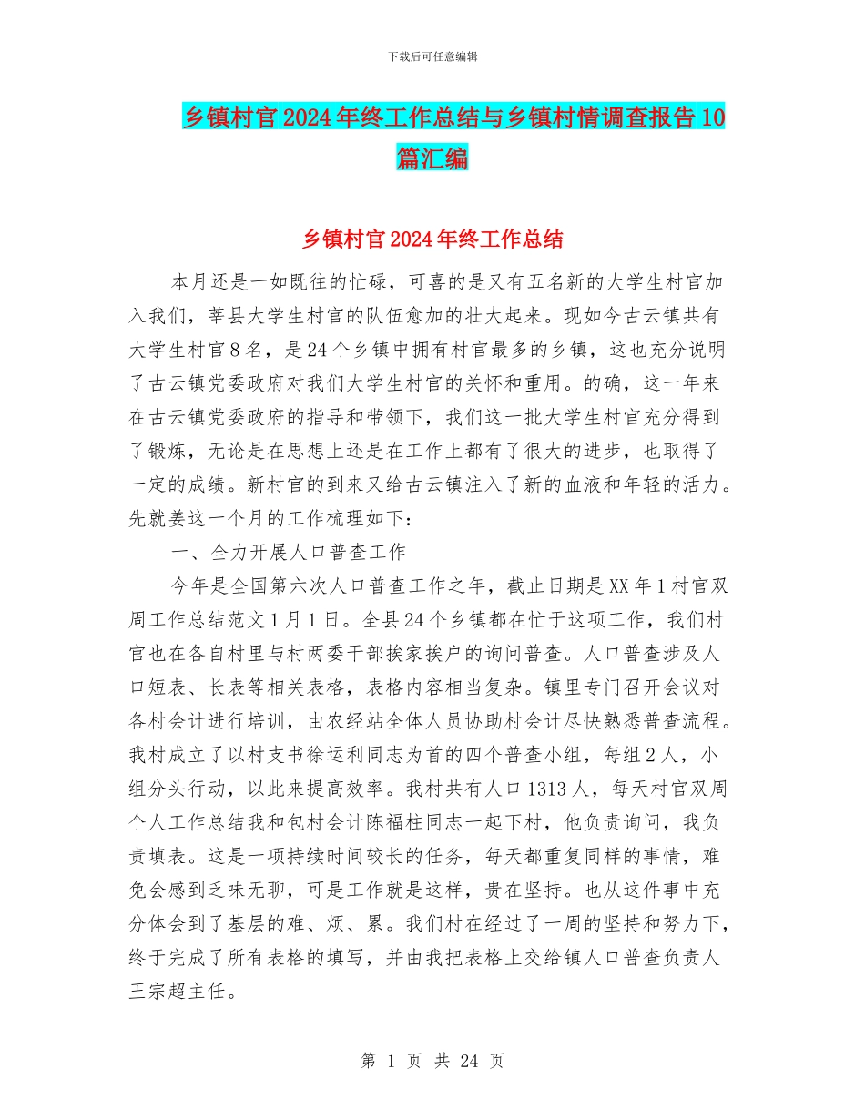 乡镇村官2024年终工作总结与乡镇村情调查报告10篇汇编_第1页