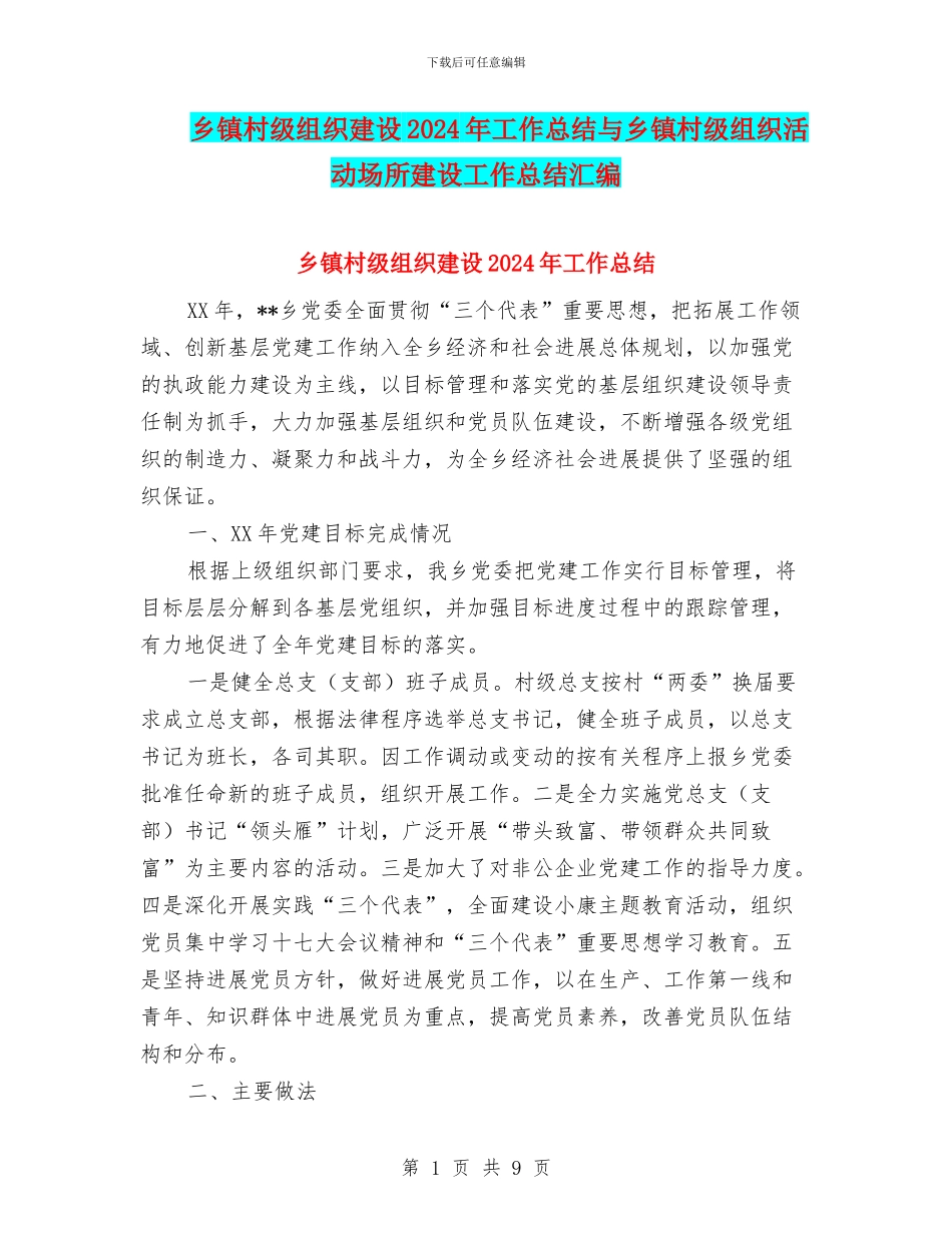 乡镇村级组织建设2024年工作总结与乡镇村级组织活动场所建设工作总结汇编_第1页