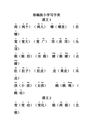 部编版小学二年级写字表